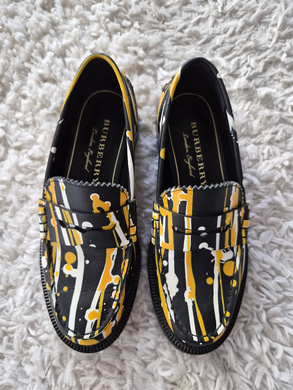 Burberry Black & Yellow Paint Splatter Leather Penny Loafers - Size 35